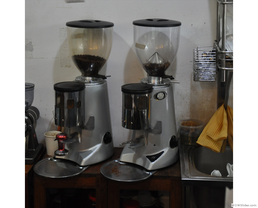 The espresso machine has two grinders, one of the each of the two house blends.