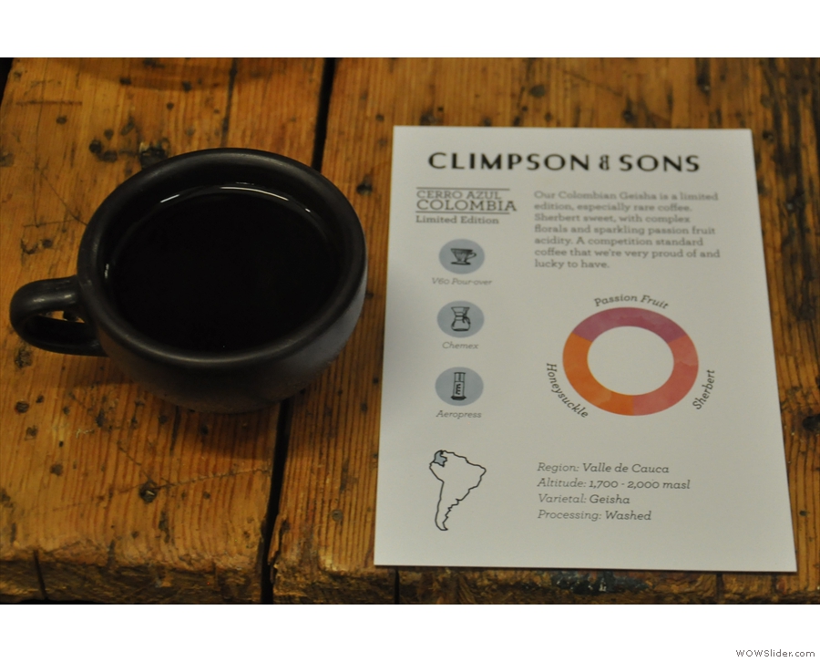 Don't be put off by the cup: this Colombian Geisha was definitely filter coffee.