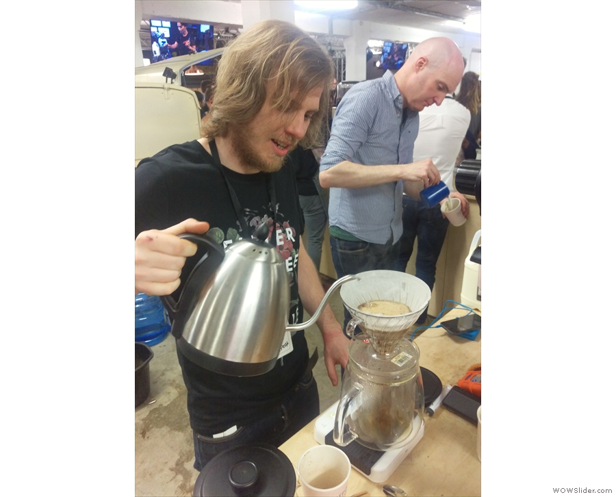 This is Harley, brewing up some of the Rwandan as a pour-over.