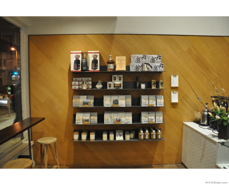 A roaster, as well as a coffee shop, Saint Frank has a retail shelf by the counter.