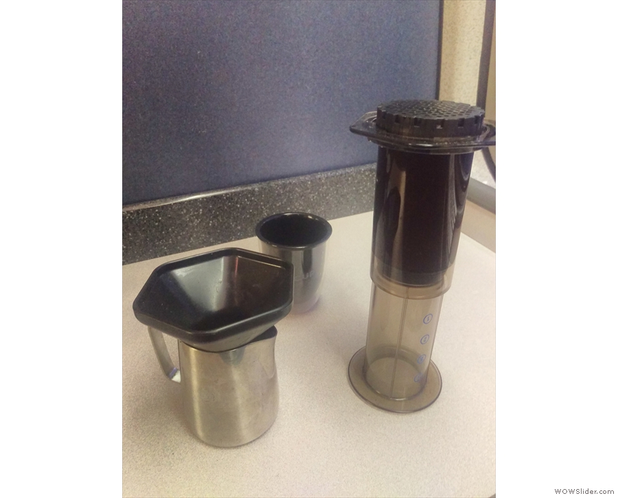 An Aeropress funnel is useful when plunging into a jug. Plus, train tables are more stable.