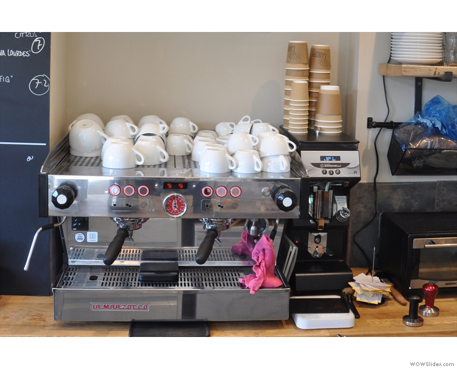 Coffee is available as espresso through the two-group La Marzocco & its Mythos 1 grinder.