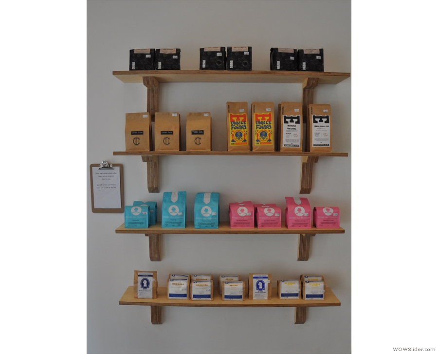 ... followed by shelves of retail bags from a wide cast of roasters.