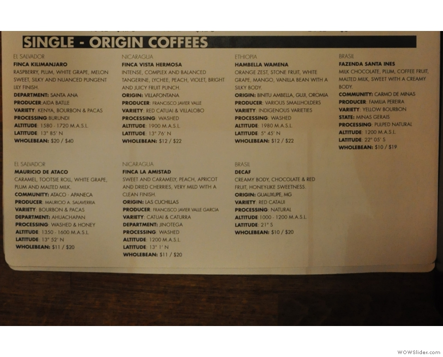 ... with plenty of details about the array of single-origin coffees that are on offer.