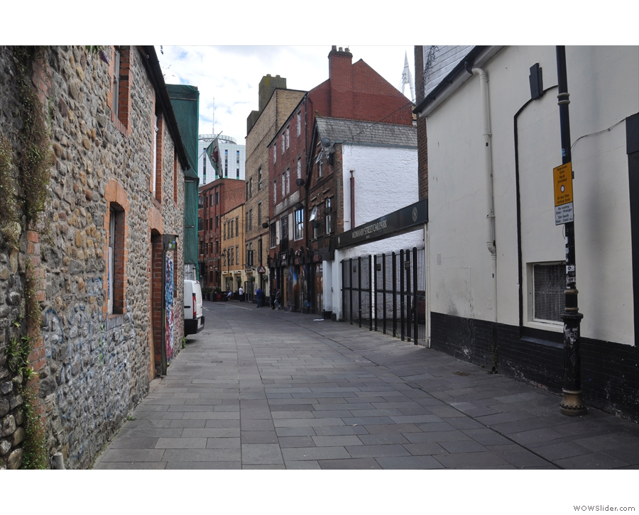 It points down Cardiff's Womanby Street, a long, pedestrianised street near the castle.