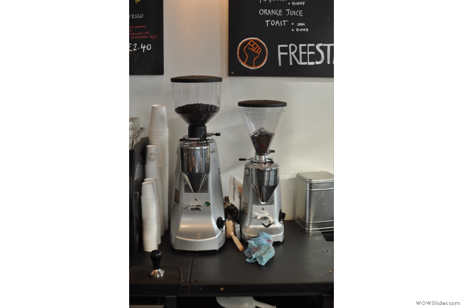 Like the Brew Bar, the Espresso Bar has a house blend from Union and a guest blend, each with its own grinder.