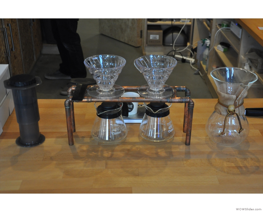 ... right next to the pour-over station. There's Aeropress, V60 and Chemex.