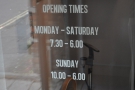 ... while the door handily has the opening times. Six o'clock on a Sunday? How civilised!