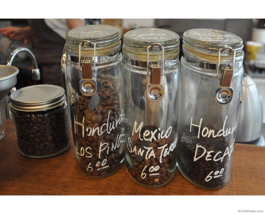Meanwhile, the beans for the filter coffee are displayed in glass jars on the counter...