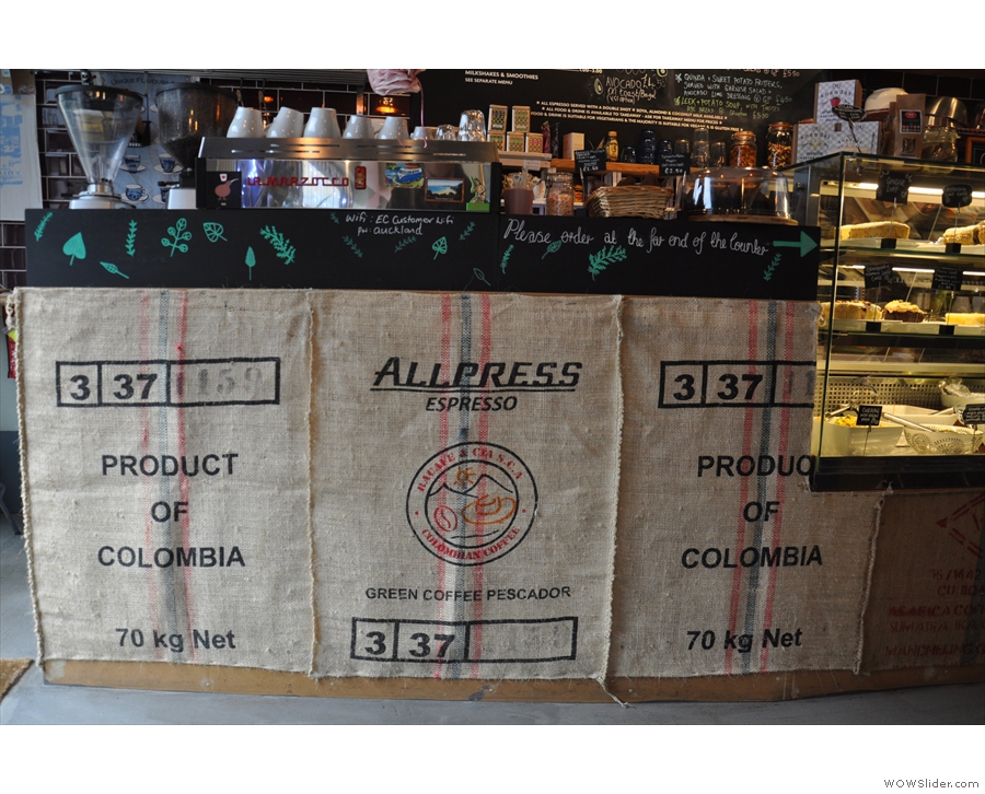 I like the old coffee sacks on the counter. Handy if you want to know who roaster is!