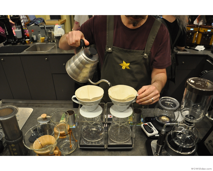 There's also pour-over, using a variety of methods. Here two V60s are being prepared.