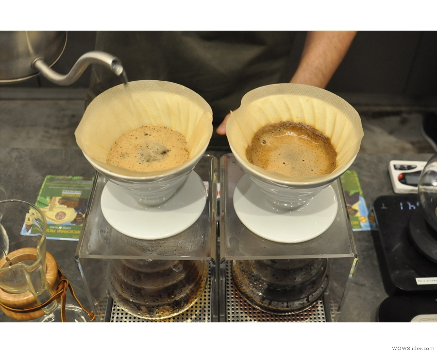 As well as moving the spout around the surface, the barista also changes the height...