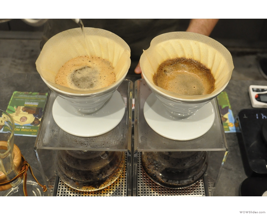 The second V60 is almost done, while the first has filtered through quite a bit.