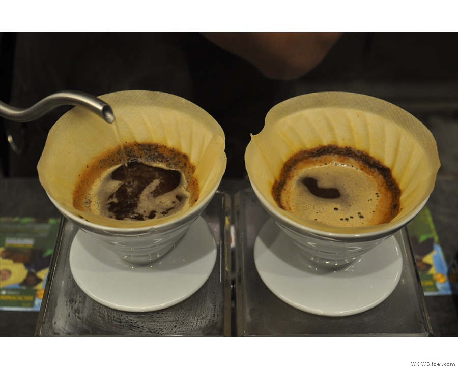 Next, the barista moves onto the second V60...