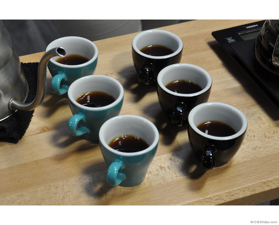 ... and then pour & serve, this time in espresso cups, so we can sample them side-by-side.