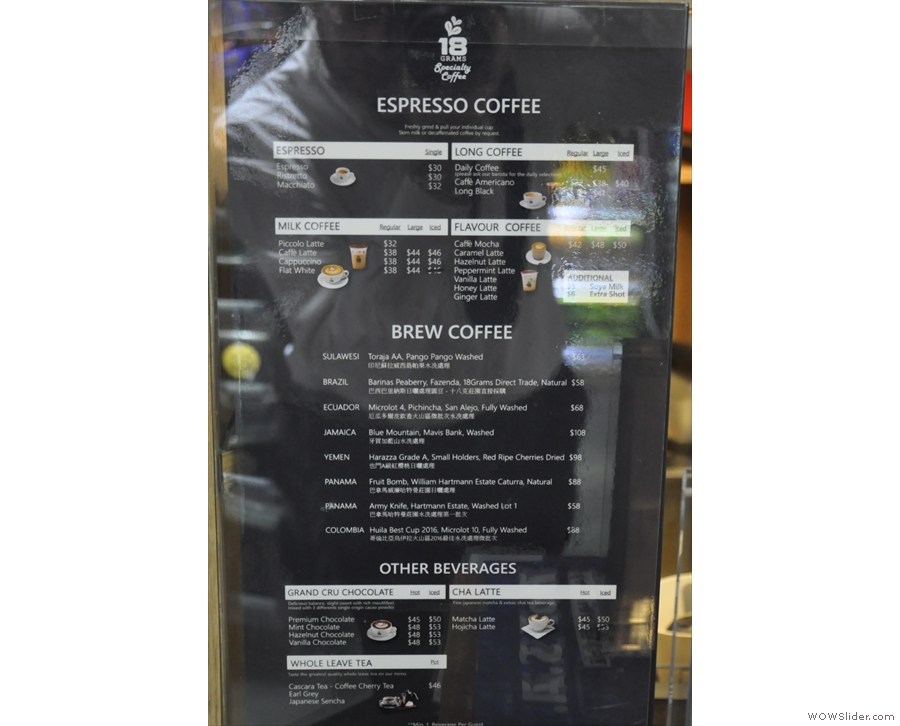 There's a comprehensive coffee menu...
