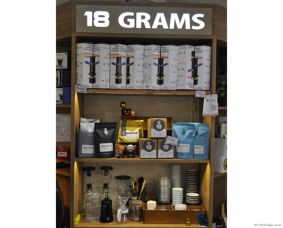 18 Grams mostly sells coffee, but there is a retail section, selling beans and coffee kit.
