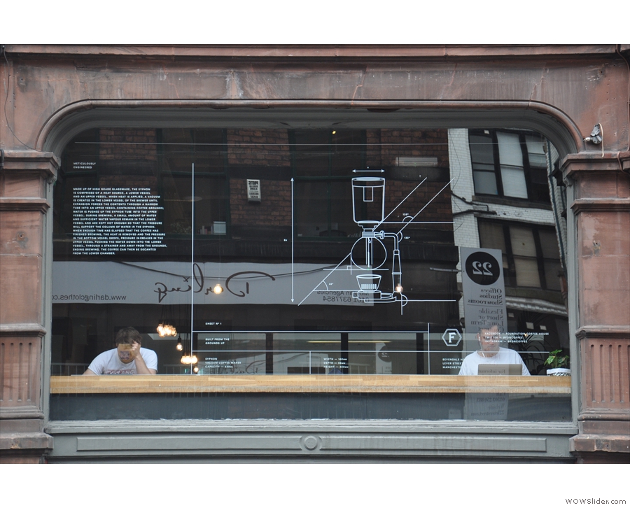 Foundation has some lovely window art: this one contains a picture of a coffee syphon.