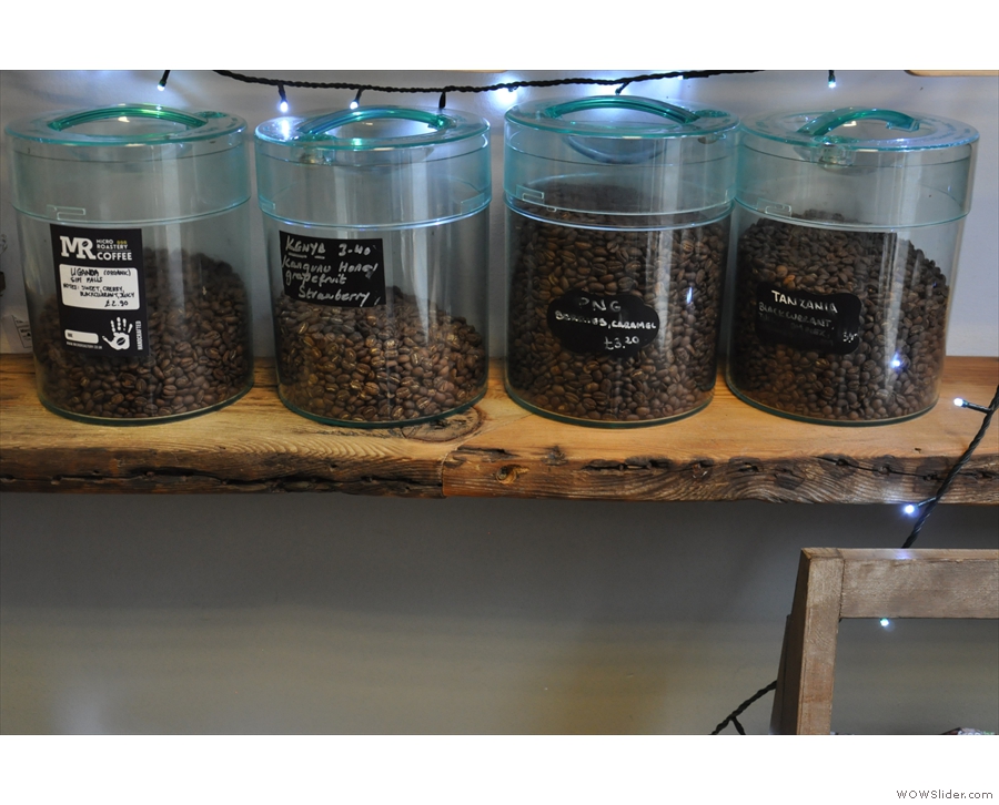 Most of the coffee is stored in bins, but some is placed in these jars.