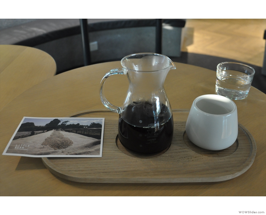 My coffee, an Ethiopian Burtukaana, served in a carafe, on a tray, cup on the side.