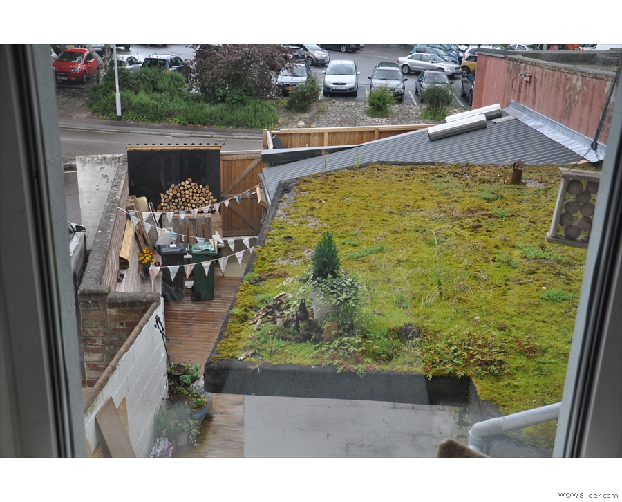 The view out the back. Check out the green roof! The yard belongs to Exe, by the way.
