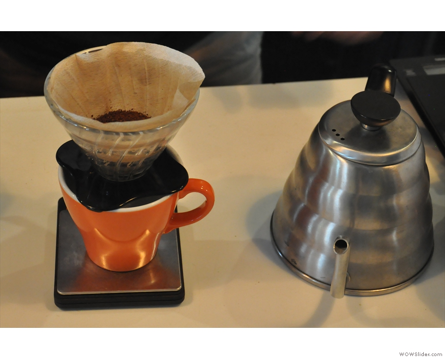 Next, grind them and put into the filter, in this case, a V60.