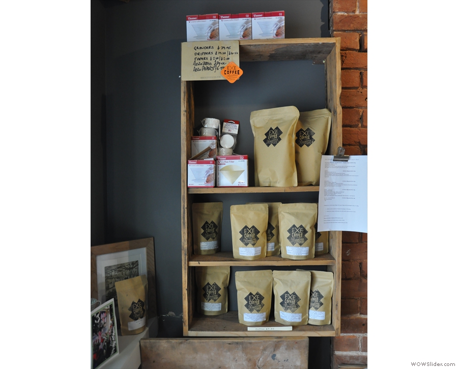 You can buy all of Exe Coffee Roasters output from the retail shelves on the left wall.