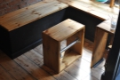 I love these clever wooden tables and benches, custom-built for Small St Espresso.