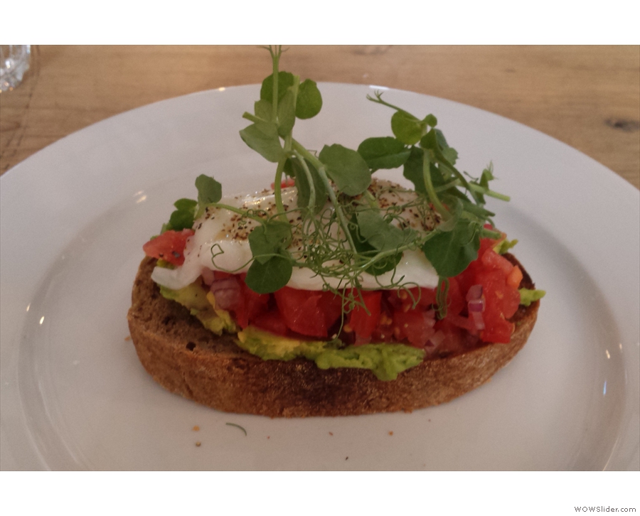 I was also there for lunch: avocado, tomato salsa and poached egg on sourdough toast.