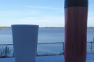 Having safely arrived in Florida, my coffee watches the distant Falcon Heavy rocket on the launch pad at Kennedy Space Center.
