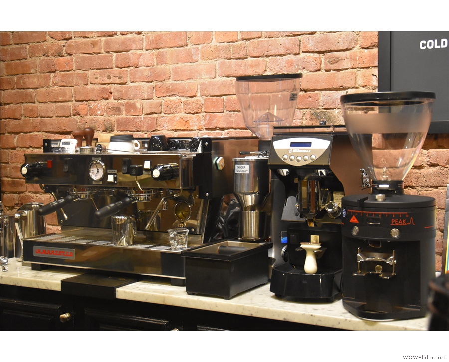 The two-group La Marzocco on the left is used for training Parlor's wholesale customers...