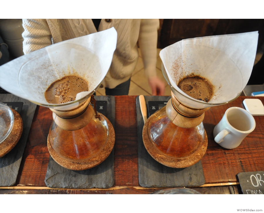 Peddler Coffee's main thing is the use of the Chemex. Here two are on the go...