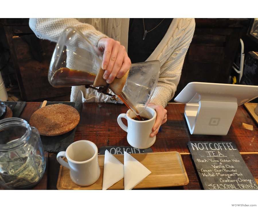 Then, once the coffee has all filtered through, pour to serve.