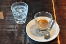 My espresso, the Prima Materia from Brazil, served with a glass of sparkling water.