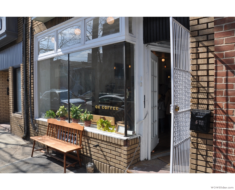 On sunny 3rd Street in Philadelphia, you'll find Ox Coffee, complete with bench outside.