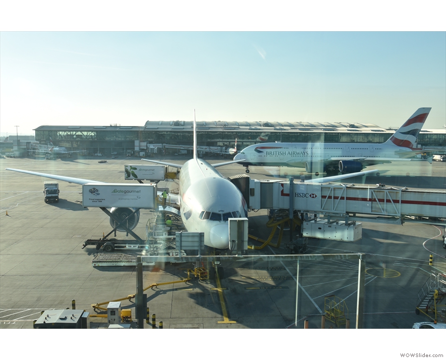 This is my plane, by the way, a Boeing 777, with a giant Airbus A380 trundling past.