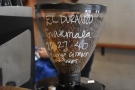 ... replaced by a Guatemalan from Bean Fruit. The barista writes the recipe on the hopper.