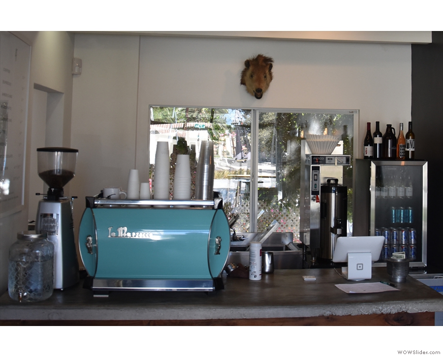 To business. The counter is a simple affair, espresso to the left, bulk-brew to the right.