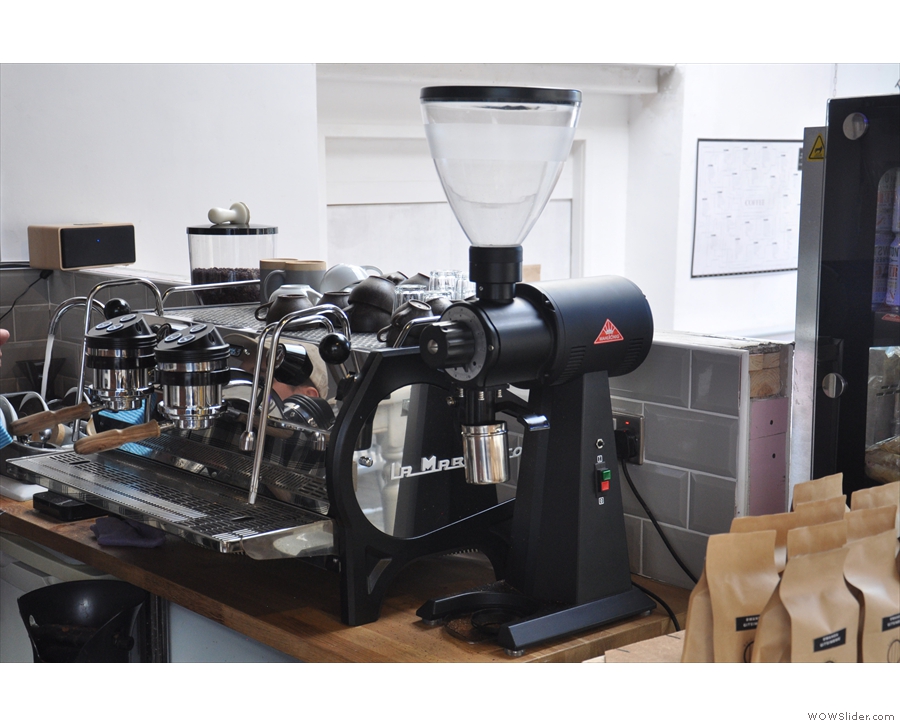 The mainstay of the coffee operation is this La Marzocco Strada espresso machine...