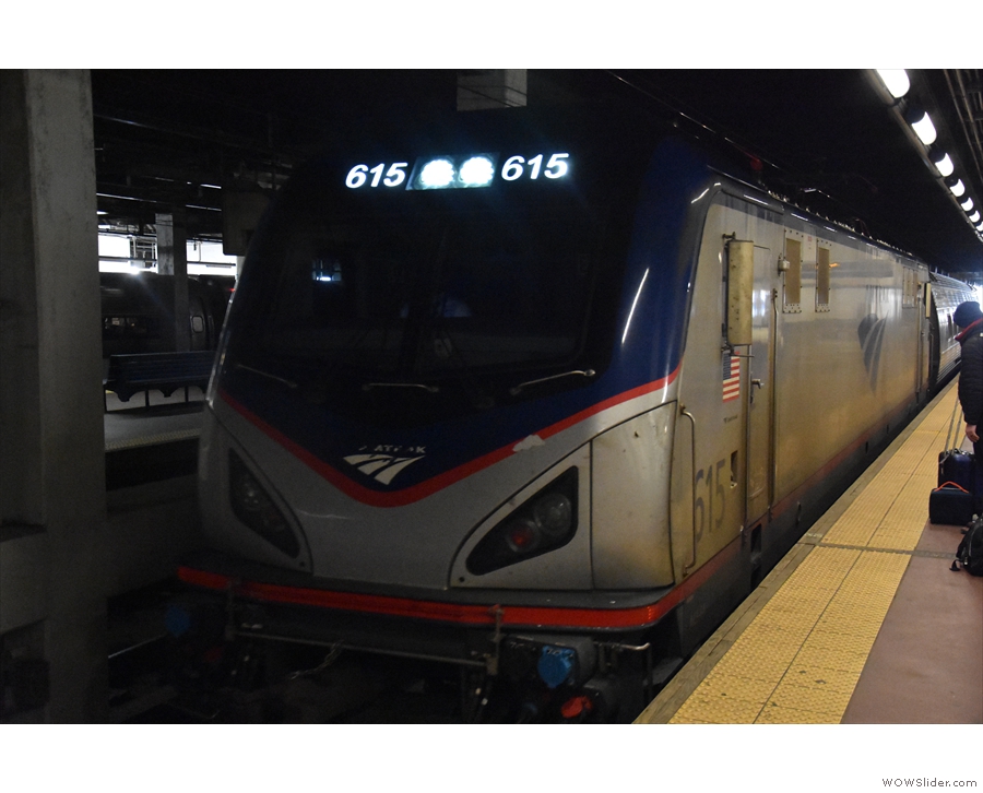 From New York to Washington DC it's hauled by a single, electric locomotive...