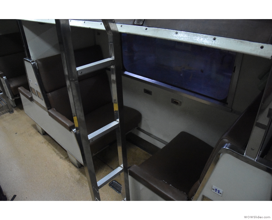 The ends of the luggage racks serve as ladders to allow access to the bunks.