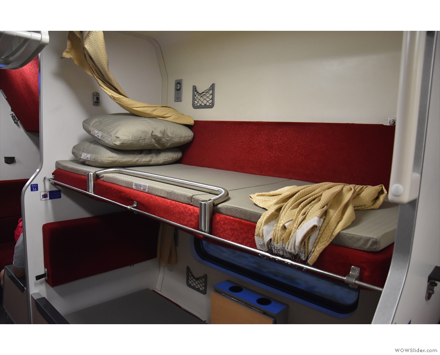 The upper berth: that little bar pops up to stop you rolling out at night.