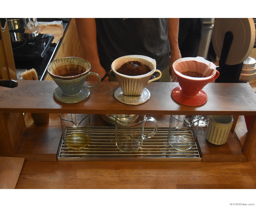 There are actually two type of filter in use, the V60, and, centre, the Melitta Wave.