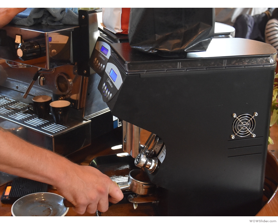 First step, grind. There are two Mythos 1 grinders for house-blend and guest espresso.