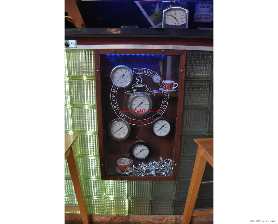 Pressure gauges in a display case built into the counter