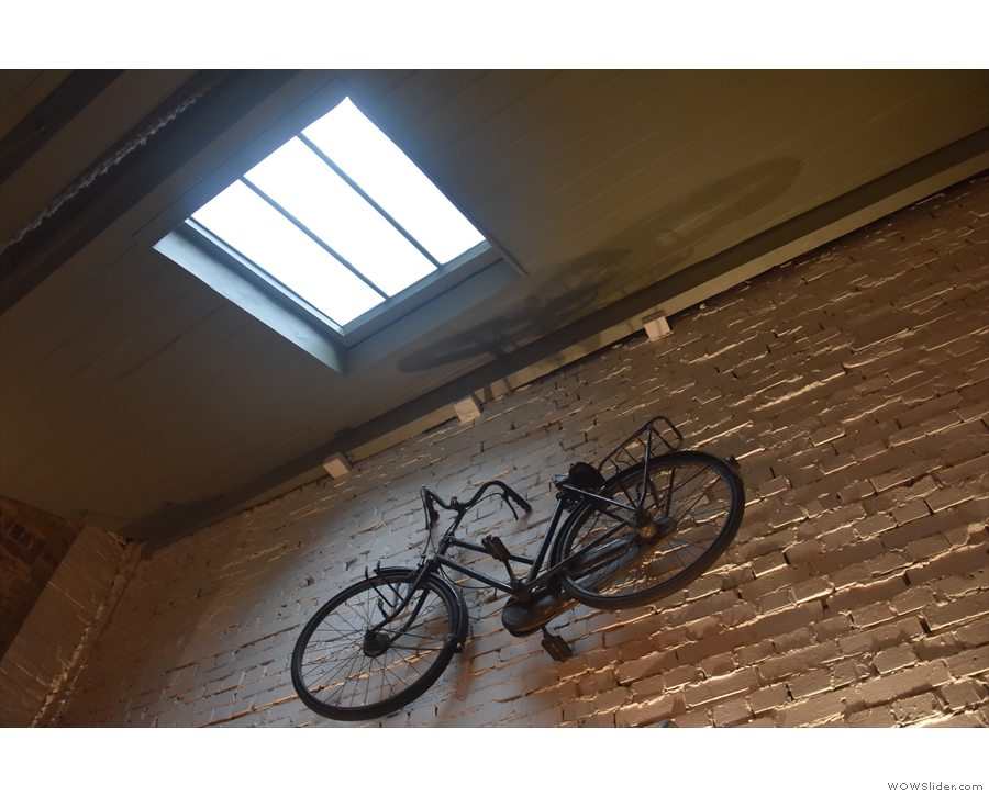 There's a bicycle high up on the back wall of the back room, hanging under the skylight.