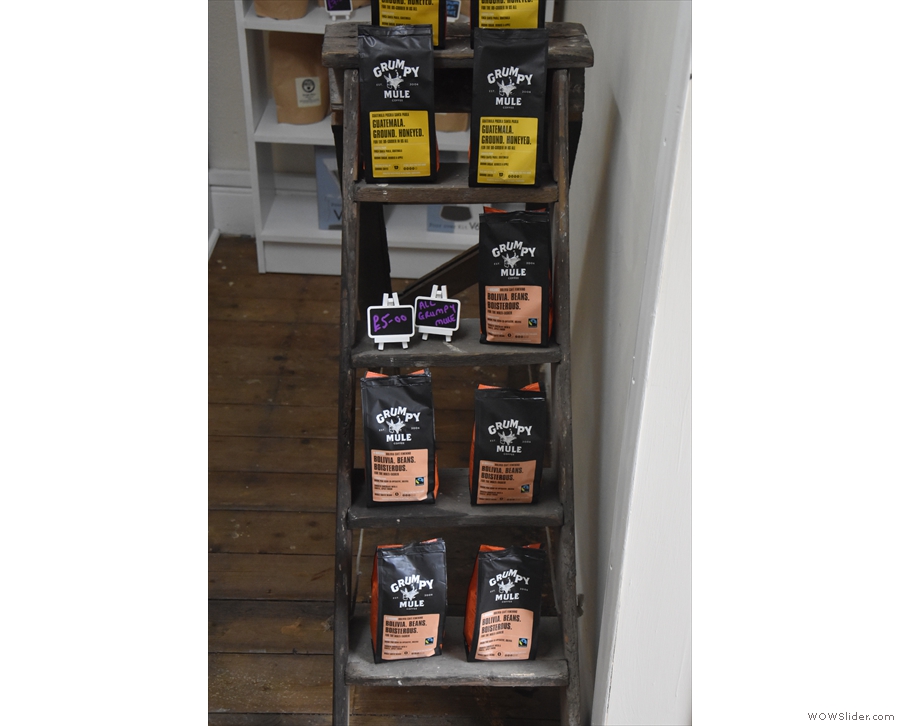 ... as well as coffee from Grumpy Mule, displayed here on a step-ladder by the door.