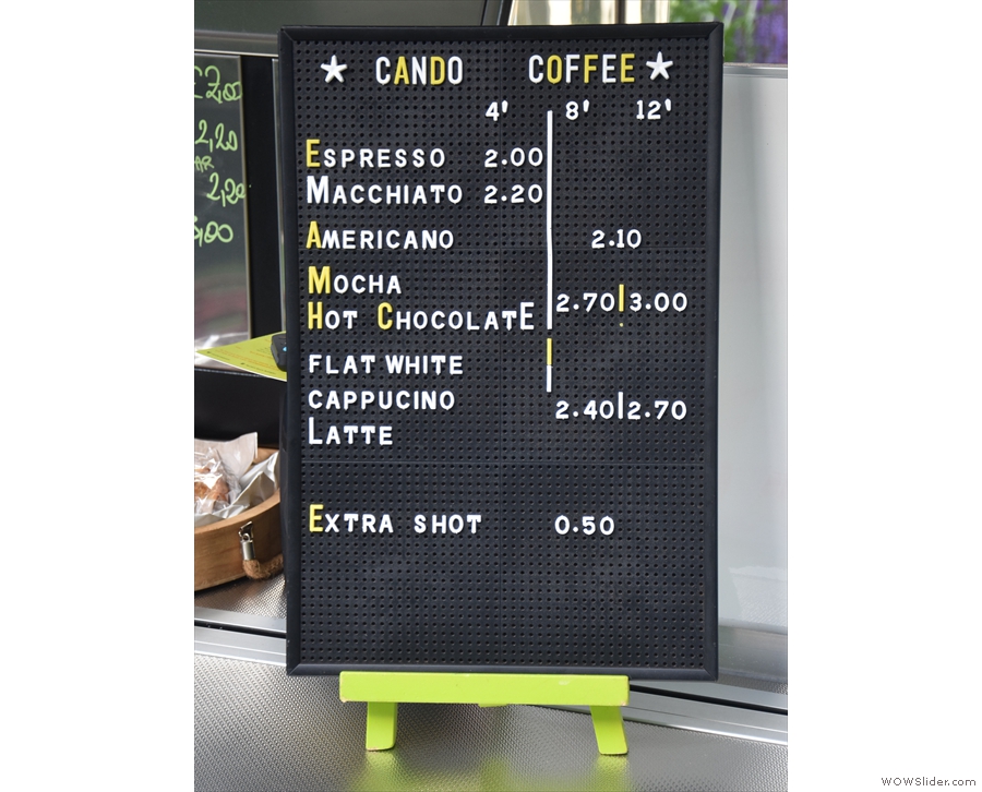 The price list is off to the right: it's pretty much espresso-based coffee drinks...