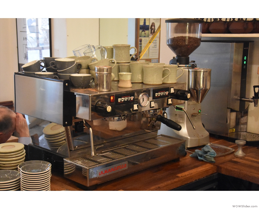 The espresso machine is at the front, which is also where you collect takeaway coffee.
