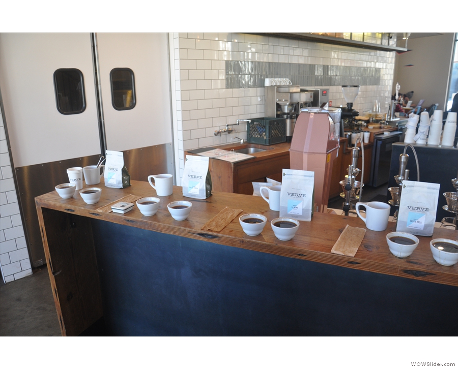 There were six coffees in all, each with a pair of cupping bowls.
